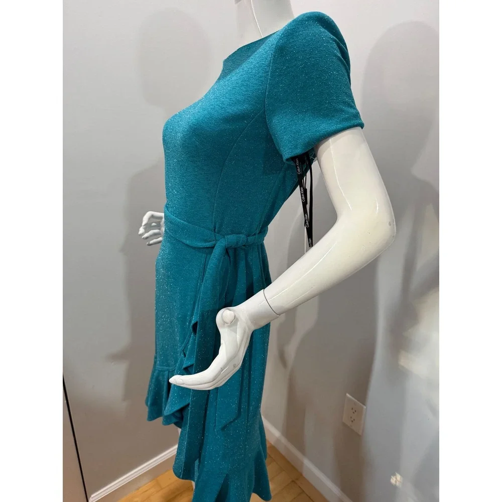 Calvin Klein Teal Shimmer Faux Wrap Ruffle‎ Cocktail Dress Size 6